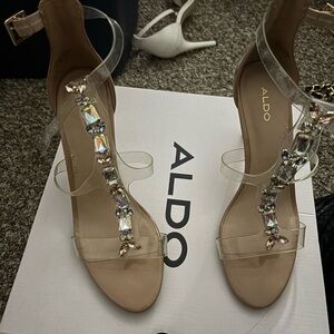 ALDO Clear Jeweled T-Strap Heels with Nude Footbed